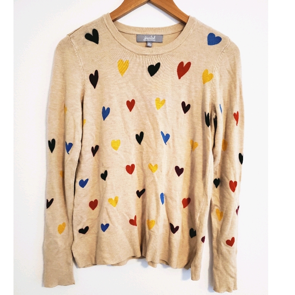 Marled Oatmeal Sweater Colorful Hearts Size XS